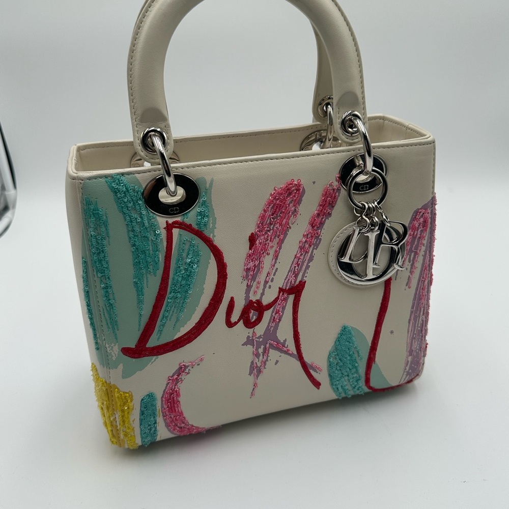 Dior Lady Dior Limited Edition Artistic Cream Satchel with Multicolor Accents